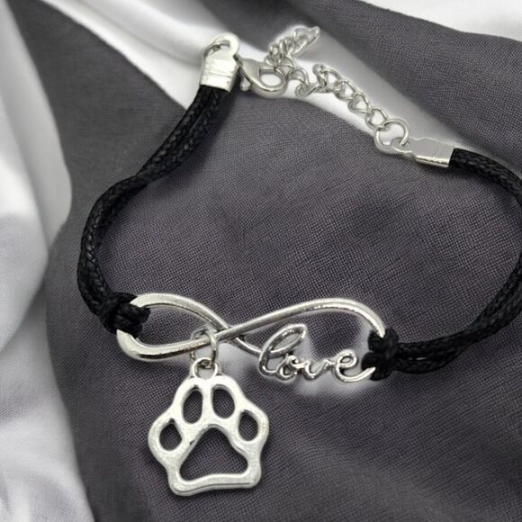 Paw Print 🐾 Dog Mom 🐾 Cat Lady Pet Lover Charm Bracelet Black Faux Leather - Picture 9 of 11